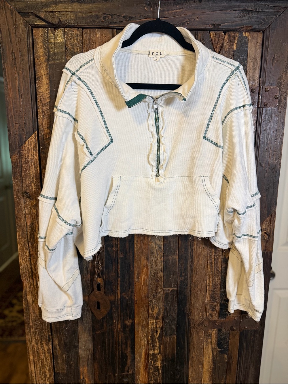 POL Clothing L Waffle Knit Cropped Pullover Quarter Zip Raw Hem Boho oversized